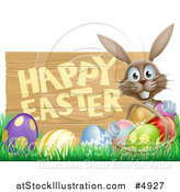 Vector Illustration of a Brown Bunny and Happy Easter Sign, with Easter Eggs in Grass and a Basket by AtStockIllustration