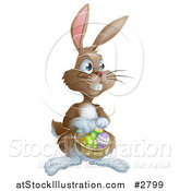 Vector Illustration of a Brown Bunny Hunting Easter Eggs and Holding a Basket by AtStockIllustration