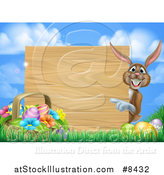 Vector Illustration of a Brown Bunny Rabbit with Eggs and an Easter Basket, Pointing Around a Blank Wood Sign Against Sky by AtStockIllustration