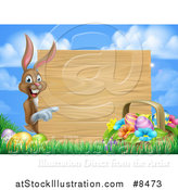 Vector Illustration of a Brown Bunny Rabbit with Eggs and an Easter Basket, Pointing Around a Blank Wood Sign Against Sky by AtStockIllustration