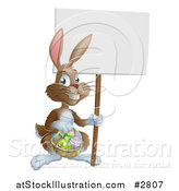 Vector Illustration of a Brown Easter Bunny Holding a Sign and Basket of Eggs by AtStockIllustration