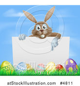 Vector Illustration of a Brown Easter Bunny Pointing down at a Sign over Eggs Against Sky by AtStockIllustration