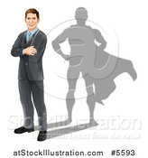 Vector Illustration of a Brunette Caucasian Businesman Standing with Folded Arms and a Super Hero Shadow by AtStockIllustration