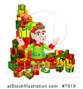 Vector Illustration of a Brunette Male Christmas Elf Surrounded with Gifts by AtStockIllustration