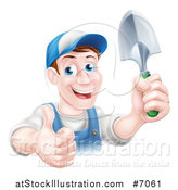 Vector Illustration of a Brunette White Male Gardener in Blue, Holding up a Shovel and Giving a Thumb up by AtStockIllustration