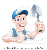 Vector Illustration of a Brunette White Male Gardener in Blue, Holding up a Shovel and Pointing by AtStockIllustration