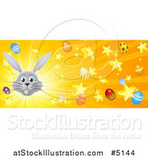 Vector Illustration of a Burst of Rays Stars Eggs and a Gray Easter Bunny by AtStockIllustration