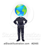 Vector Illustration of a Businessman with His Hands on His Hips and a Globe Head by AtStockIllustration