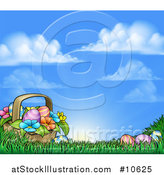 Vector Illustration of a Cartoon Basket of Easter Eggs and Flowers in Grass, Against a Blue Sunny Sky by AtStockIllustration