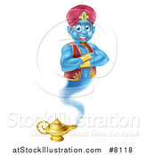 Vector Illustration of a Cartoon Blue Strong Blue Aladdin Genie Floating over a Lamp with His Arms Folded by AtStockIllustration