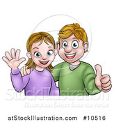 Vector Illustration of a Cartoon Casual Young Caucasian Couple Waving and Giving a Thumb up by AtStockIllustration