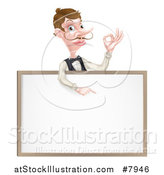 Vector Illustration of a Cartoon Caucasian Male Waiter with a Curling Mustache, Gesturing Ok and Pointing down over a Blank Menu Sign by AtStockIllustration