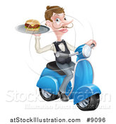 Vector Illustration of a Cartoon Caucasian Male Waiter with a Curling Mustache, Holding a Burger on a Tray on a Moped by AtStockIllustration