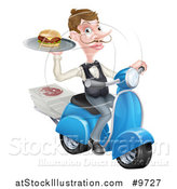 Vector Illustration of a Cartoon Caucasian Male Waiter with a Curling Mustache, Holding a Burger on a Tray on a Moped by AtStockIllustration