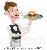 Vector Illustration of a Cartoon Caucasian Male Waiter with a Curling Mustache, Holding a Cheeseburger on a Platter and Pointing to the Right by AtStockIllustration