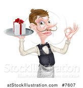 Vector Illustration of a Cartoon Caucasian Male Waiter with a Curling Mustache, Holding a Gift on a Platter and Gesturing Ok by AtStockIllustration