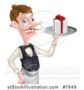 Vector Illustration of a Cartoon Caucasian Male Waiter with a Curling Mustache, Holding a Gift on a Platter by AtStockIllustration