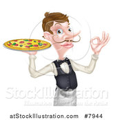 Vector Illustration of a Cartoon Caucasian Male Waiter with a Curling Mustache, Holding a Pizza on a Tray and Gesturing Ok by AtStockIllustration