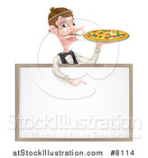 Vector Illustration of a Cartoon Caucasian Male Waiter with a Curling Mustache, Holding a Pizza on a Tray and Pointing down over a Blank White Menu Sign Board by AtStockIllustration