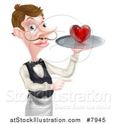 Vector Illustration of a Cartoon Caucasian Male Waiter with a Curling Mustache, Holding a Red Love Heart on a Tray and Pointing by AtStockIllustration