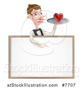 Vector Illustration of a Cartoon Caucasian Male Waiter with a Curling Mustache, Holding a Red Love Heart on a Tray and Pointing down over a Blank White Menu Sign by AtStockIllustration