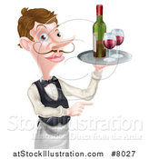 Vector Illustration of a Cartoon Caucasian Male Waiter with a Curling Mustache, Holding Red Wine on a Tray and Pointing by AtStockIllustration