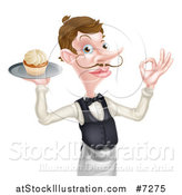 Vector Illustration of a Cartoon Caucasian Male Water with a Curling Mustache, Gesturing Ok and Holding a Cupcake on a Tray by AtStockIllustration