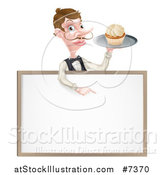 Vector Illustration of a Cartoon Caucasian Male Water with a Curling Mustache, Holding a Cupcake on a Tray and Pointing down over a White Menu Sign Board by AtStockIllustration