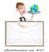 Vector Illustration of a Cartoon Caucasian Male Water with a Curling Mustache, Holding Earth on a Tray and Pointing down over a Blank Menu Sign Board by AtStockIllustration