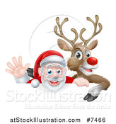 Vector Illustration of a Cartoon Christmas Red Nosed Reindeer and Waving Santa over a Sign by AtStockIllustration