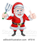 Vector Illustration of a Cartoon Christmas Santa Holding a Garden Fork and Giving a Thumb up by AtStockIllustration