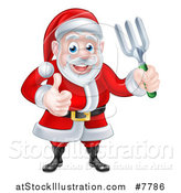 Vector Illustration of a Cartoon Christmas Santa Holding a Garden Fork and Giving a Thumb up by AtStockIllustration