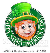 Vector Illustration of a Cartoon Friendly Leprechaun Face in a Happy Saint Patricks Day Greeting Circle by AtStockIllustration