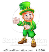 Vector Illustration of a Cartoon Friendly St Patricks Day Leprechaun Waving and Pointing by AtStockIllustration