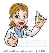 Vector Illustration of a Cartoon Friendly White Female Scientist Holding a Test Tube and Giving a Thumb up over a Sign by AtStockIllustration