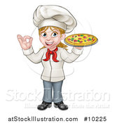 Vector Illustration of a Cartoon Full Length Happy White Female Chef Gesturing Perfect and Holding a Pizza by AtStockIllustration