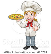 Vector Illustration of a Cartoon Full Length Happy White Female Chef Giving a Thumb up and Holding a Pizza by AtStockIllustration