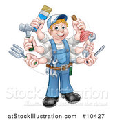 Vector Illustration of a Cartoon Full Length Happy White Handy Man with Six Arms, Holding Tools by AtStockIllustration