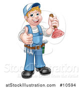 Vector Illustration of a Cartoon Full Length Happy White Male Plumber Holding a Plunger and Giving a Thumb up by AtStockIllustration