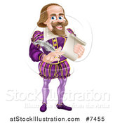 Vector Illustration of a Cartoon Full Length Happy William Shakespeare Holding a Scroll and Quill by AtStockIllustration