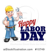 Vector Illustration of a Cartoon Full Length White Male Mechanic Wearing a Hard Hat, Holding a Spanner Wrench and Giving a Thumb up by Happy Labor Day Text by AtStockIllustration