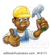 Vector Illustration of a Cartoon Happy Black Male Carpenter Holding a Hammer and Giving a Thumb up by AtStockIllustration