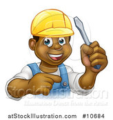 Vector Illustration of a Cartoon Happy Black Male Electrician Holding a Screwdriver and Pointing by AtStockIllustration