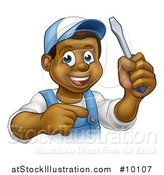 Vector Illustration of a Cartoon Happy Black Male Electrician Holding up a Screwdriver and Pointing by AtStockIllustration