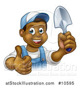 Vector Illustration of a Cartoon Happy Black Male Gardener in Blue, Holding a Garden Trowel and Giving a Thumb up by AtStockIllustration