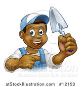Vector Illustration of a Cartoon Happy Black Male Gardener in Blue, Holding a Garden Trowel and Pointing by AtStockIllustration