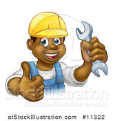 Vector Illustration of a Cartoon Happy Black Male Mechanic Holding up a Wrench and Giving a Thumb up by AtStockIllustration