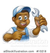 Vector Illustration of a Cartoon Happy Black Male Mechanic Holding up a Wrench and Pointing by AtStockIllustration