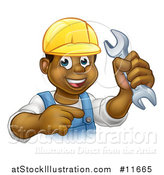 Vector Illustration of a Cartoon Happy Black Male Mechanic Holding up a Wrench and Pointing by AtStockIllustration