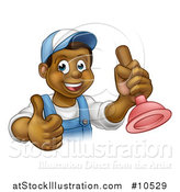 Vector Illustration of a Cartoon Happy Black Male Plumber Holding a Plunger and Giving a Thumb up by AtStockIllustration
